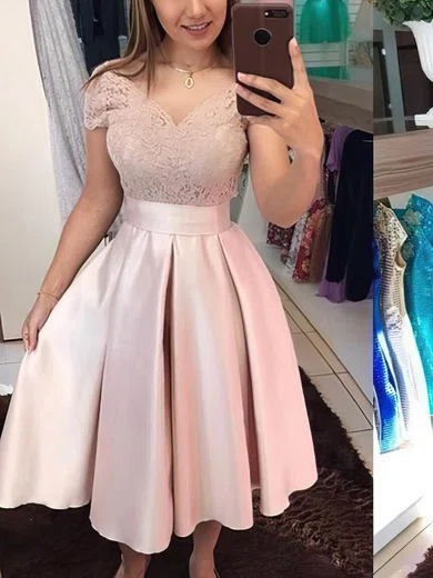 A-line Off-the-shoulder Satin Knee-length Short Prom Dresses With Appliques Lace #Favs020020110437