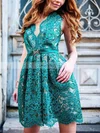 A-line V-neck Lace Short/Mini Short Prom Dresses With Sashes / Ribbons #Favs020020110439