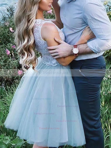 A-line Scoop Neck Tulle Knee-length Short Prom Dresses With Lace #Favs020020110440
