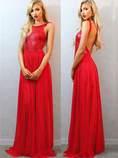 Scoop Neck Red Chiffon Sequined Ruffles Open Back New Style Prom Dress #Favs02018684