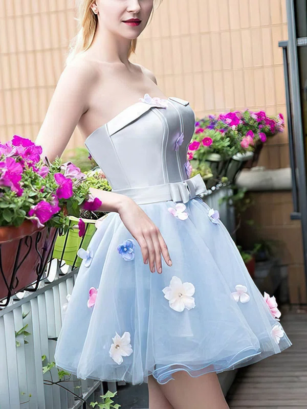 A-line Strapless Satin Short/Mini Short Prom Dresses With Sashes / Ribbons #Favs020020110441