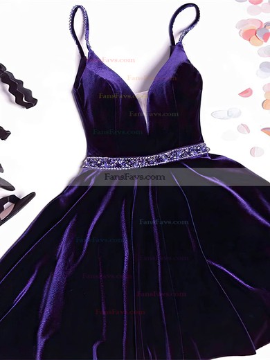 A-line V-neck Velvet Short/Mini Short Prom Dresses With Sashes / Ribbons #Favs020020110443