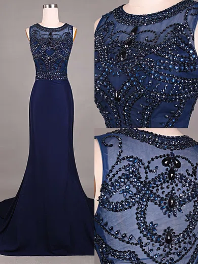 Trumpet/Mermaid Scoop Neck Chiffon Court Train Beading Prom Dresses #Favs020101816