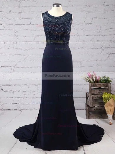 Trumpet/Mermaid Scoop Neck Chiffon Court Train Beading Prom Dresses #Favs020101816