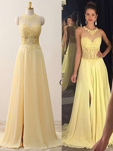 A-line Scoop Neck Chiffon Sweep Train Appliques Lace Prom Dresses #Favs020102400