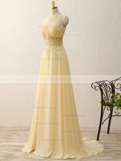A-line Scoop Neck Chiffon Sweep Train Appliques Lace Prom Dresses #Favs020102400