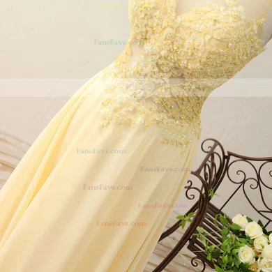 A-line Scoop Neck Chiffon Sweep Train Appliques Lace Prom Dresses #Favs020102400