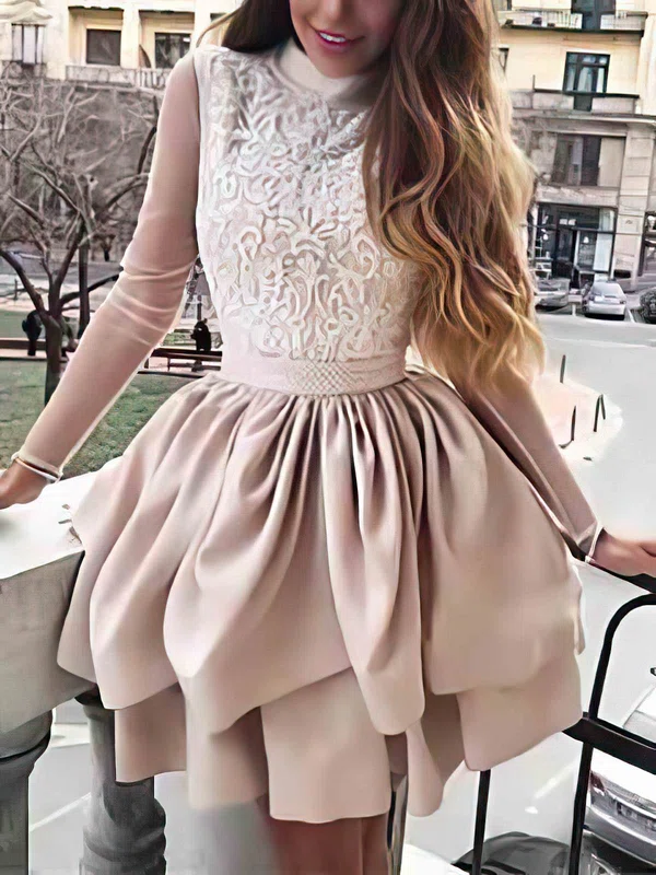 A-line High Neck Lace Stretch Crepe Short/Mini Short Prom Dresses With Appliques Lace #Favs020020110459