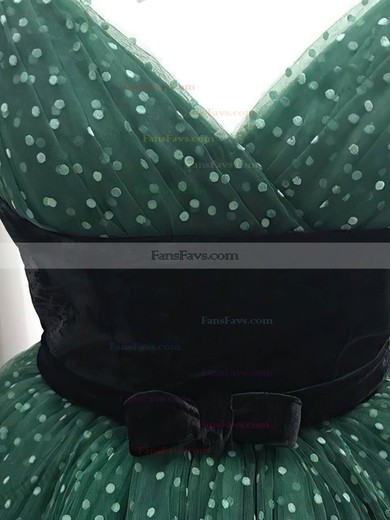 A-line V-neck Tulle Tea-length Short Prom Dresses With Sashes / Ribbons #Favs020020110460