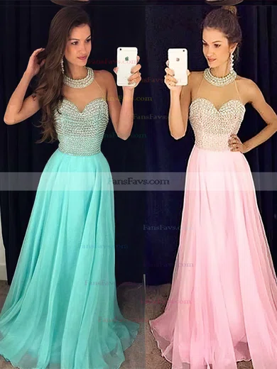 A-line Scoop Neck Chiffon Sweep Train Crystal Detailing Prom Dresses #Favs020102441
