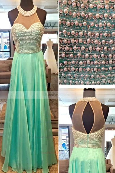 A-line Scoop Neck Chiffon Sweep Train Crystal Detailing Prom Dresses #Favs020102441