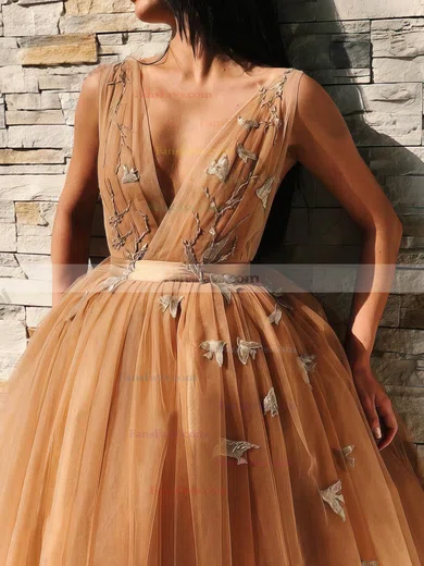 A-line V-neck Tulle Tea-length Short Prom Dresses With Appliques Lace #Favs020020110464