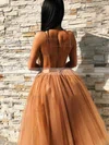 A-line V-neck Tulle Tea-length Short Prom Dresses With Appliques Lace #Favs020020110464