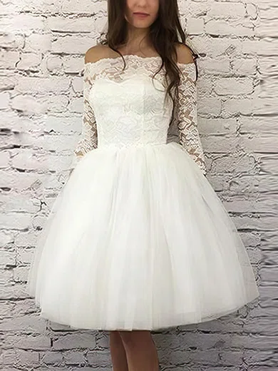 A-line Off-the-shoulder Lace Tulle Knee-length Short Prom Dresses With Appliques Lace #Favs020020110465