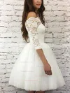 A-line Off-the-shoulder Lace Tulle Knee-length Short Prom Dresses With Appliques Lace #Favs020020110465