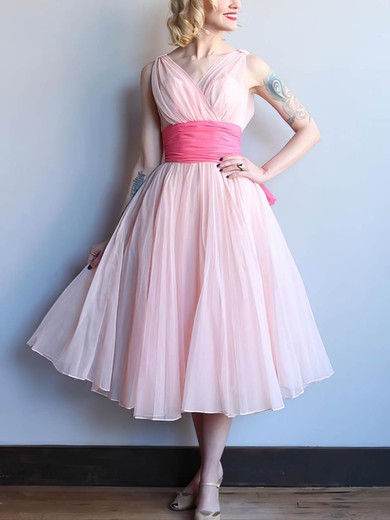 A-line V-neck Chiffon Tea-length Short Prom Dresses With Ruffles #Favs020020110468