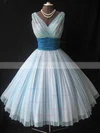 A-line V-neck Chiffon Tea-length Short Prom Dresses With Ruffles #Favs020020110468