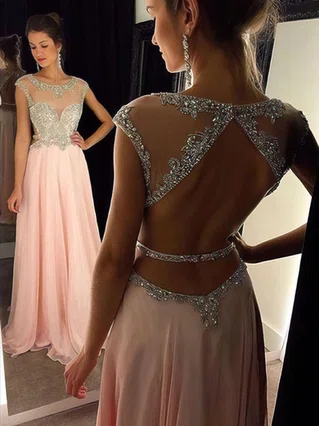 A-line Scoop Neck Chiffon Floor-length Beading Prom Dresses #Favs020102446
