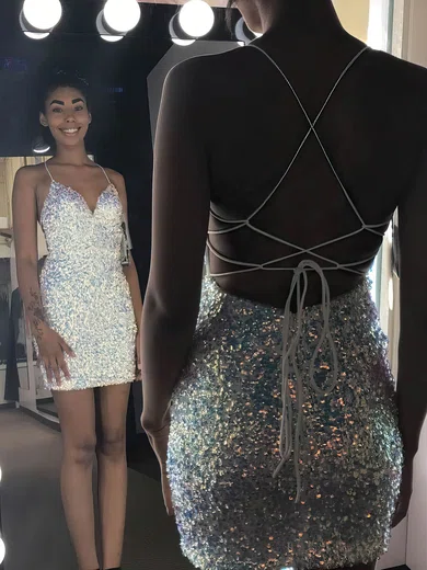 Sheath/Column V-neck Sequined Short/Mini Short Prom Dresses #Favs020020111229