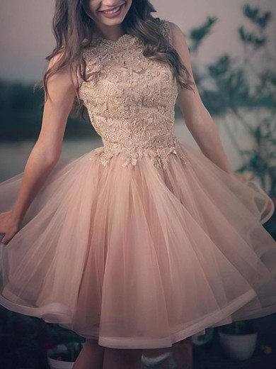 A-line Scoop Neck Tulle Lace Knee-length Short Prom Dresses With Appliques Lace #Favs020020110472