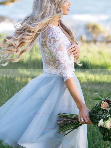 A-line Scoop Neck Lace Tulle Knee-length Short Prom Dresses With Appliques Lace #Favs020020110473