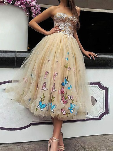 A-line Strapless Lace Tulle Tea-length Short Prom Dresses With Appliques Lace #Favs020020110475