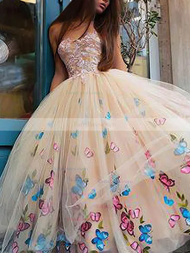 A-line Strapless Lace Tulle Tea-length Short Prom Dresses With Appliques Lace #Favs020020110475