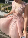 A-line V-neck Tulle Short/Mini Short Prom Dresses With Flower(s) #Favs020020110477