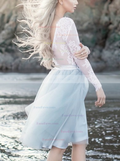 A-line V-neck Lace Tulle Tea-length Short Prom Dresses With Appliques Lace #Favs020020110479