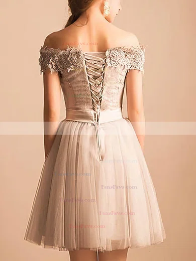 A-line Off-the-shoulder Lace Tulle Short/Mini Short Prom Dresses With Beading #Favs020020110480