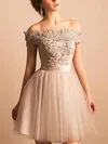 A-line Off-the-shoulder Lace Tulle Short/Mini Short Prom Dresses With Beading #Favs020020110480