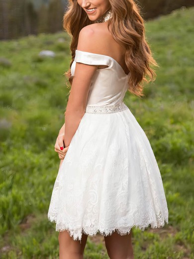 A-line Off-the-shoulder Lace Short/Mini Short Prom Dresses With Beading #Favs020020111243