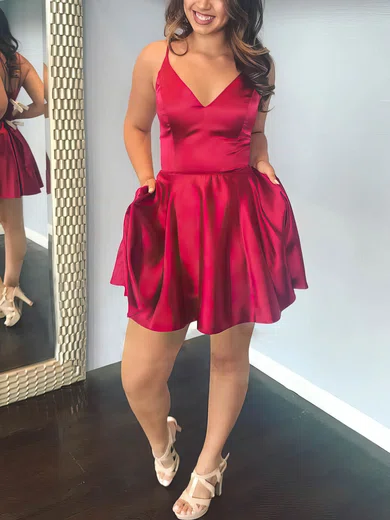 A-line V-neck Silk-like Satin Short/Mini Short Prom Dresses With Pockets #Favs020020111246