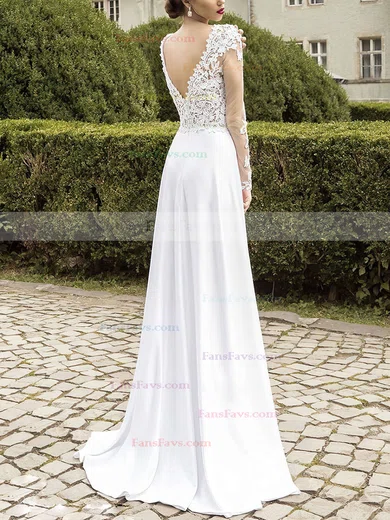 A-line V-neck Chiffon Sweep Train Split Front Prom Dresses #Favs020102865