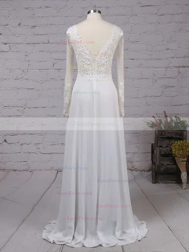 A-line V-neck Chiffon Sweep Train Split Front Prom Dresses #Favs020102865