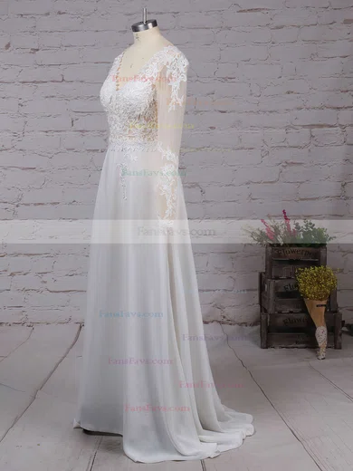 A-line V-neck Chiffon Sweep Train Split Front Prom Dresses #Favs020102865