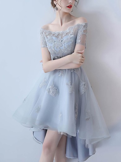 A-line Off-the-shoulder Organza Asymmetrical Short Prom Dresses With Appliques Lace #Favs020020110484