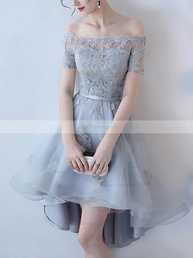 A-line Off-the-shoulder Organza Asymmetrical Short Prom Dresses With Appliques Lace #Favs020020110484