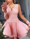 A-line V-neck Lace Satin Short/Mini Short Prom Dresses With Appliques Lace #Favs020020110485
