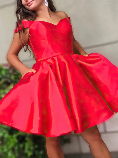 A-line Off-the-shoulder Satin Knee-length Short Prom Dresses With Pockets #Favs020020111251
