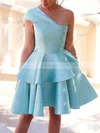 A-line One Shoulder Satin Short/Mini Short Prom Dresses With Appliques Lace #Favs020020110487