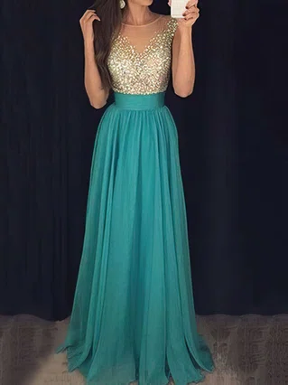 A-line Scoop Neck Chiffon Floor-length Beading Prom Dresses #Favs020103434