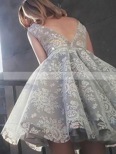 A-line V-neck Lace Knee-length Short Prom Dresses With Appliques Lace #Favs020020110492