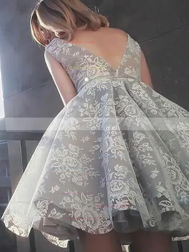 A-line V-neck Lace Knee-length Short Prom Dresses With Appliques Lace #Favs020020110492