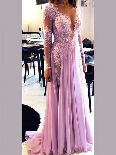 A-line Scoop Neck Chiffon Sweep Train Appliques Lace Prom Dresses #Favs020103641