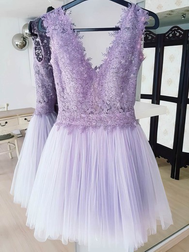 A-line V-neck Tulle Short/Mini Short Prom Dresses With Appliques Lace #Favs020020111263