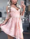 A-line V-neck Lace Tulle Short/Mini Short Prom Dresses With Appliques Lace #Favs020020110502