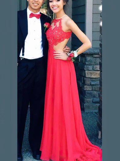 A-line Scoop Neck Chiffon Sweep Train Beading Prom Dresses #Favs020104373