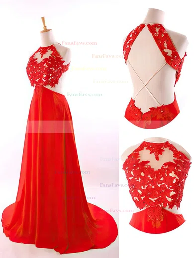 A-line Scoop Neck Chiffon Sweep Train Beading Prom Dresses #Favs020104373