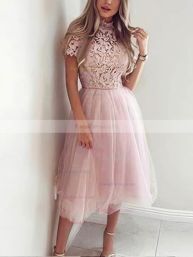 A-line High Neck Lace Tulle Tea-length Short Prom Dresses With Appliques Lace #Favs020020110504